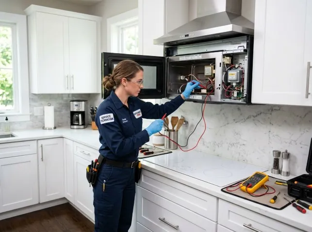 Appliance Repair Hero technician testing an over-the-range microwave in a Boynton, OK kitchen